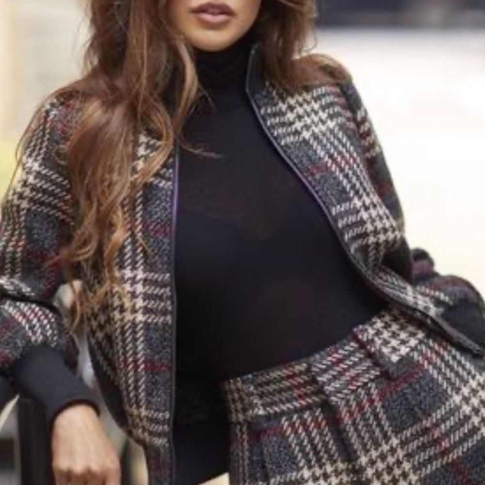 Express x Negin Mirsalehi Plaid Bomber Jacket Tailored Chic Size S editorial